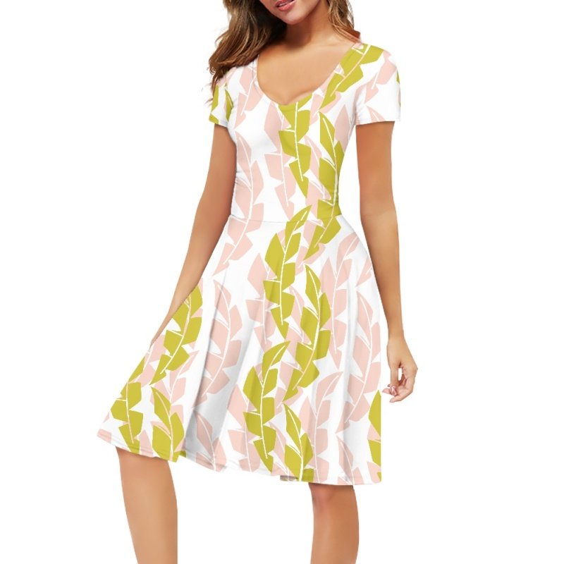 Sublimation Hawaiian Flowers Printing Short Sleeve V-neck Casual Dresses Wholesale Full Printed Hawaii Custom Logo Women's Dress