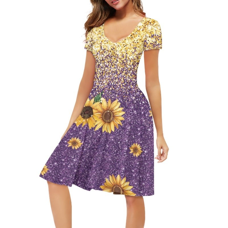 Sublimation Hawaiian Flowers Printing Short Sleeve V-neck Casual Dresses Wholesale Full Printed Hawaii Custom Logo Women's Dress
