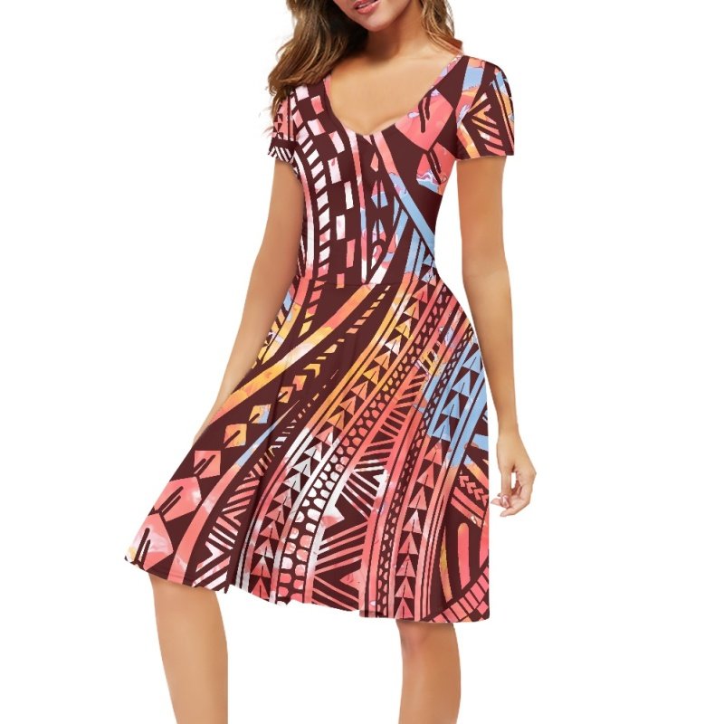 Sublimation Hawaiian Flowers Printing Short Sleeve V-neck Casual Dresses Wholesale Full Printed Hawaii Custom Logo Women's Dress