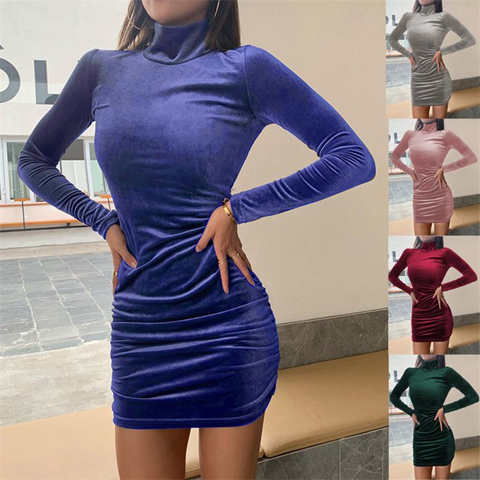 Custom High Quality Long Sleeve Slim Bodycon Velvet Mini Dress Women High-neck Sexy Skirt Suede Dresses
