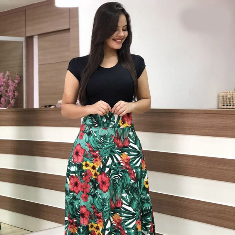 New Summer Short Sleeve Floral Print Long Casual Colorblock Ladies Elegant Dress