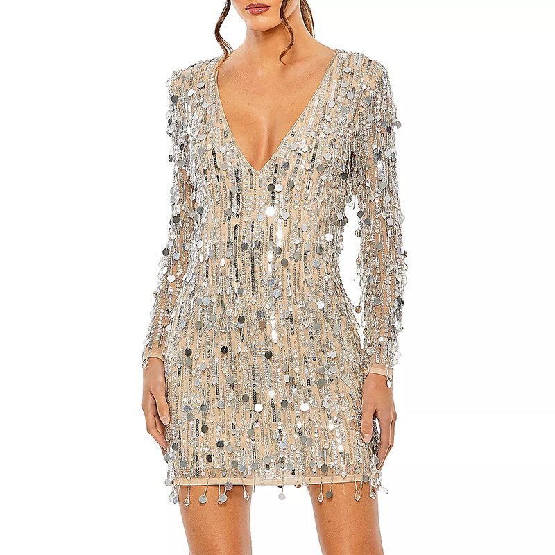 Custom Women's Mini Dress with Sequined Decoration Sparkling V-Neck Long Sleeve Beaded Fringe for Party Wear Fashion Play