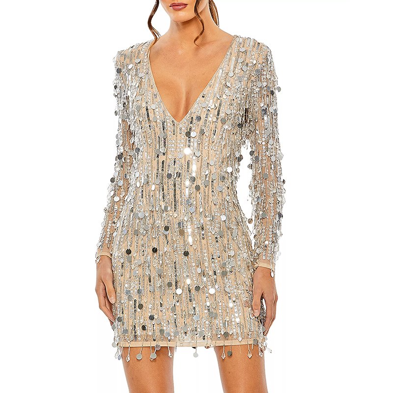 Custom Women's Mini Dress with Sequined Decoration Sparkling V-Neck Long Sleeve Beaded Fringe for Party Wear Fashion Play