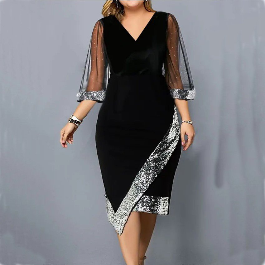W3361 New Women Fashion Golden Velvet Irregular Sequin Perspective Mesh Dress Women Casual Large Size Short Sleeve Party Dress