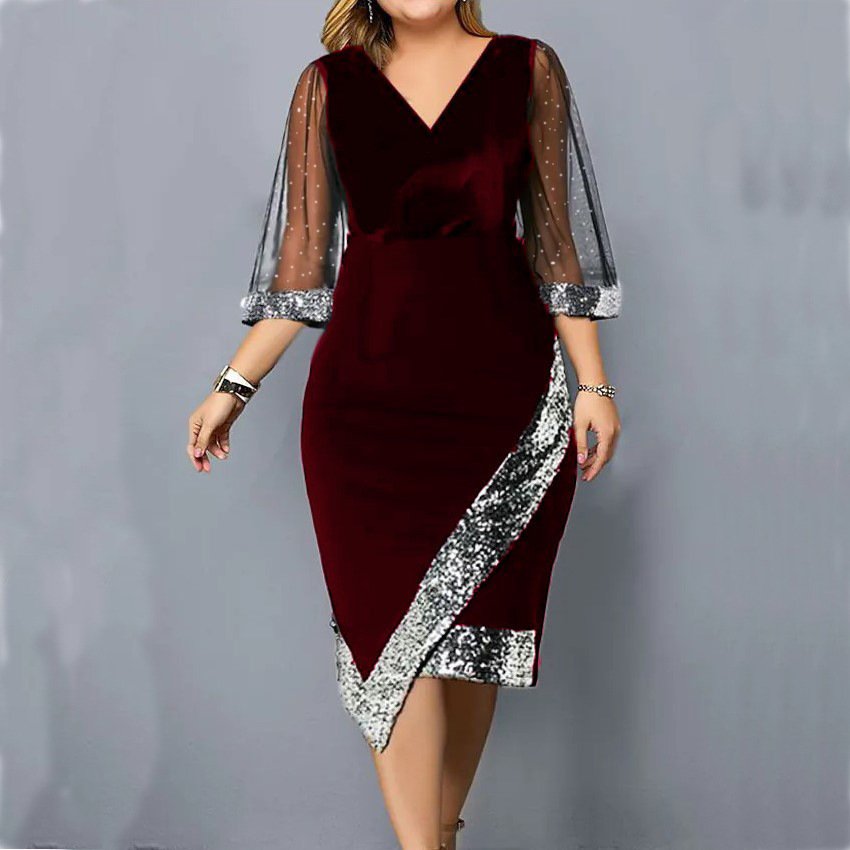 W3361 New Women Fashion Golden Velvet Irregular Sequin Perspective Mesh Dress Women Casual Large Size Short Sleeve Party Dress