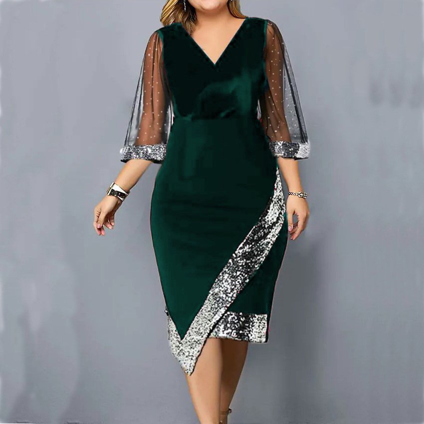 W3361 New Women Fashion Golden Velvet Irregular Sequin Perspective Mesh Dress Women Casual Large Size Short Sleeve Party Dress
