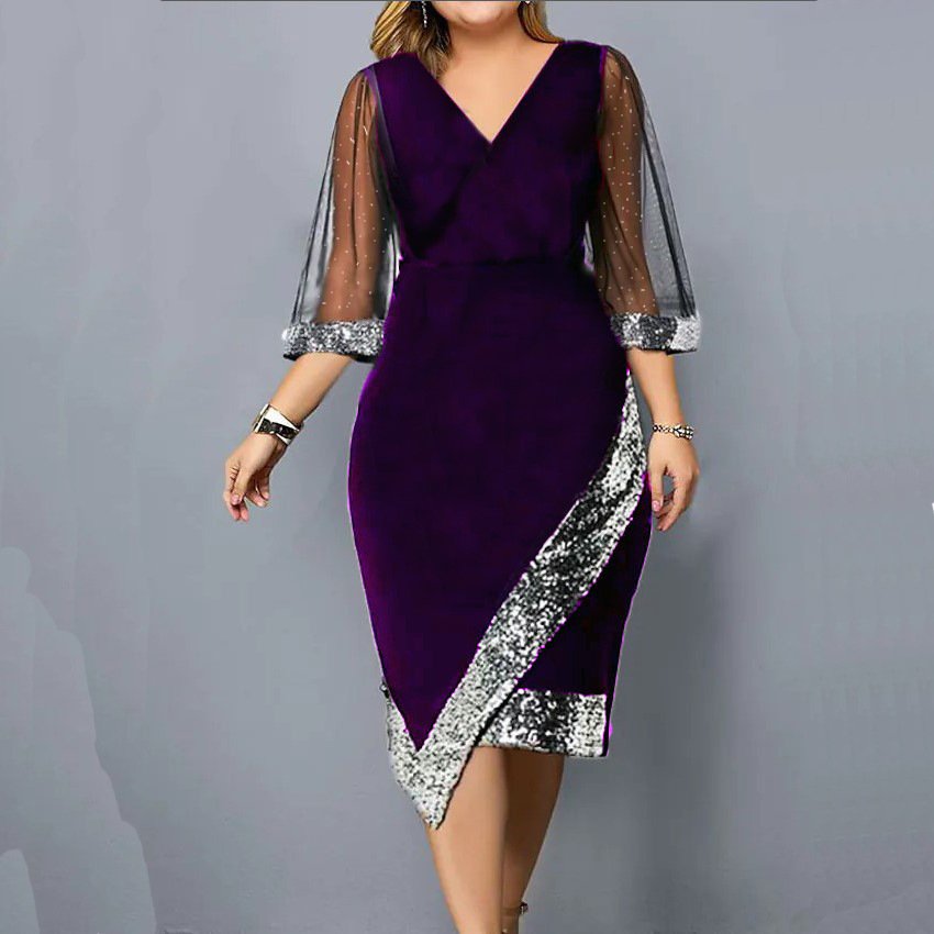 W3361 New Women Fashion Golden Velvet Irregular Sequin Perspective Mesh Dress Women Casual Large Size Short Sleeve Party Dress