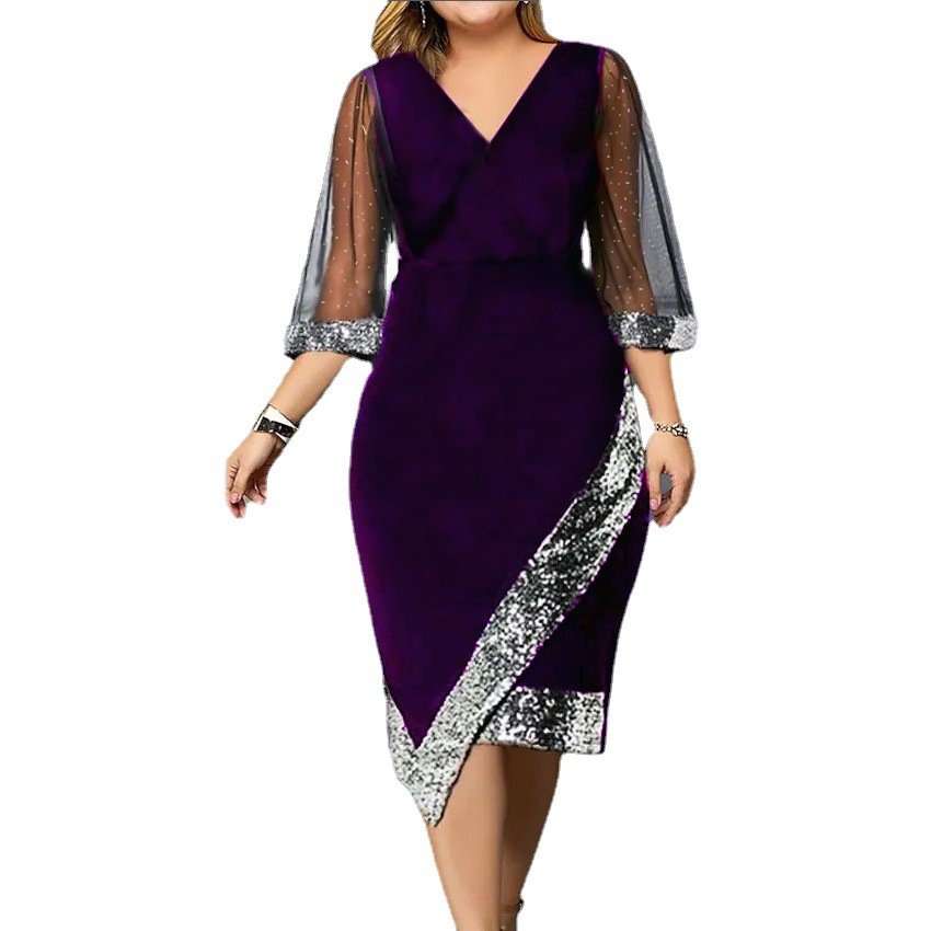 W3361 New Women Fashion Golden Velvet Irregular Sequin Perspective Mesh Dress Women Casual Large Size Short Sleeve Party Dress