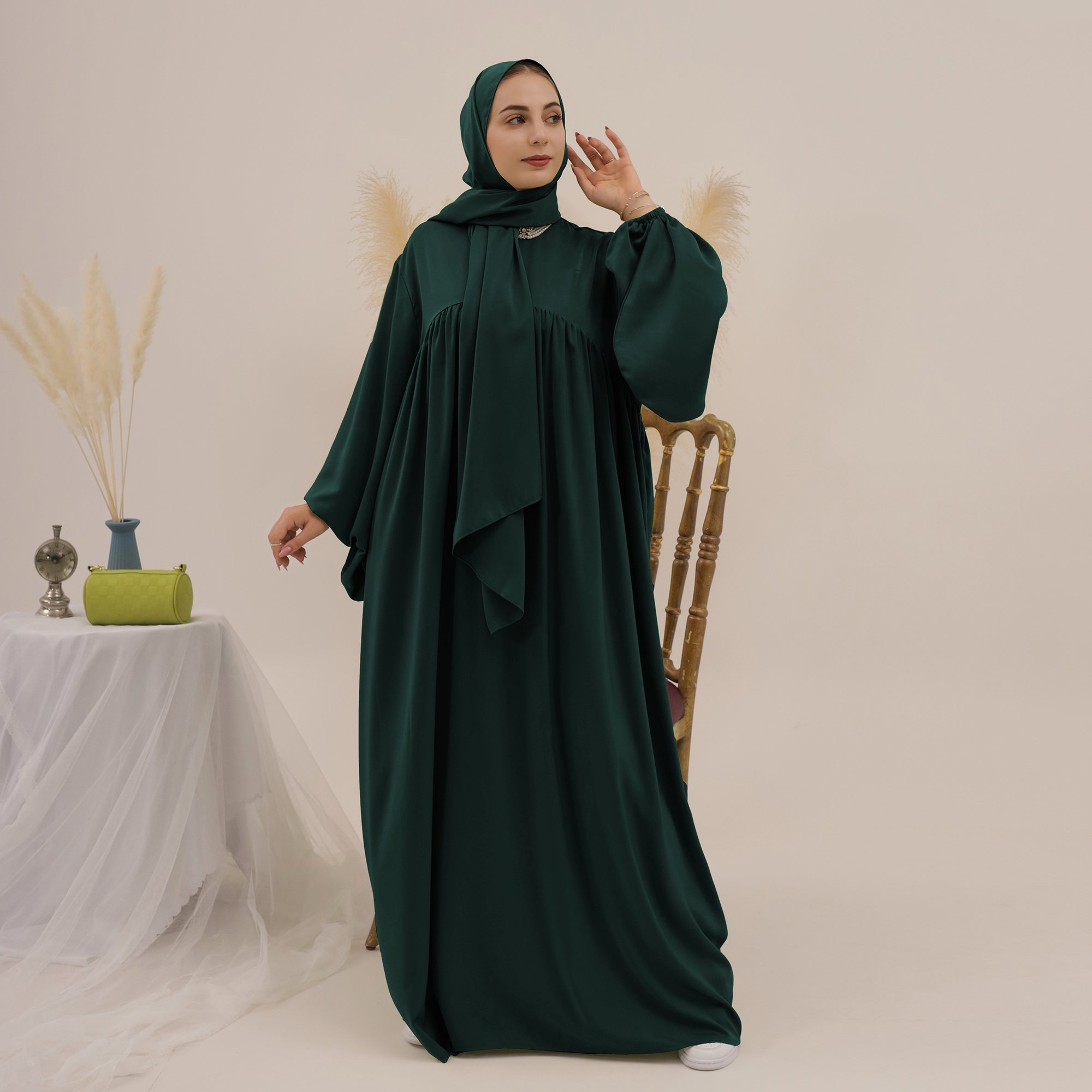 Loriya 2023 Islamic Clothing 2pc Set Satin Girls Plain Modest Abaya Muslim Hijab Dress Women Abaya Dubai Casual Dresses