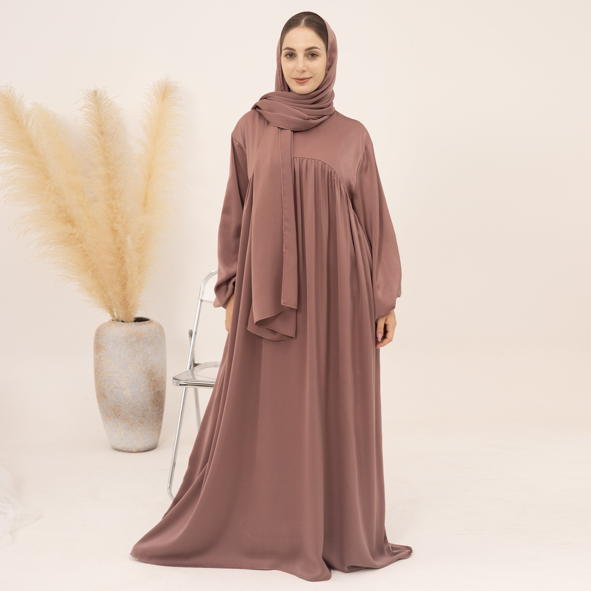 Loriya 2023 Islamic Clothing 2pc Set Satin Girls Plain Modest Abaya Muslim Hijab Dress Women Abaya Dubai Casual Dresses