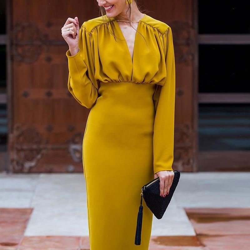 Hot sale Knee Length Dress Long Sleeve Wrap Casual Dress Long Sleeve Elegant Office Ladies Casual Dresses