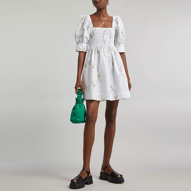 Puff sleeve ladies cotton linen dress italy fashion floral smocking women dresses casual summer cotton linen dresses for woman