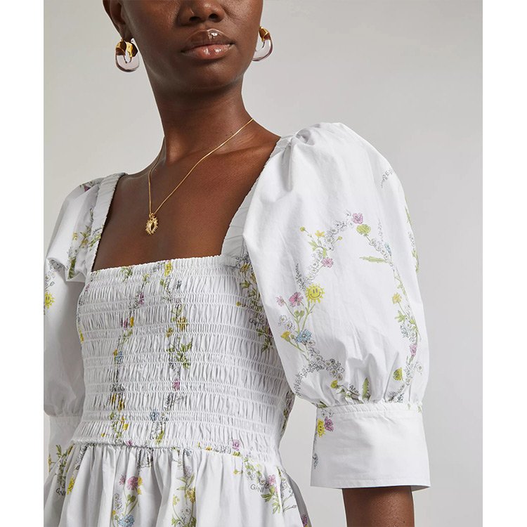 Puff sleeve ladies cotton linen dress italy fashion floral smocking women dresses casual summer cotton linen dresses for woman