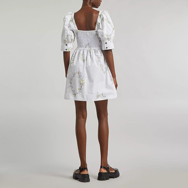 Puff sleeve ladies cotton linen dress italy fashion floral smocking women dresses casual summer cotton linen dresses for woman