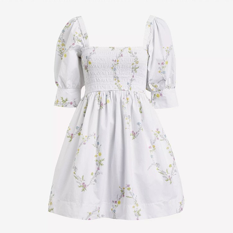 Puff sleeve ladies cotton linen dress italy fashion floral smocking women dresses casual summer cotton linen dresses for woman