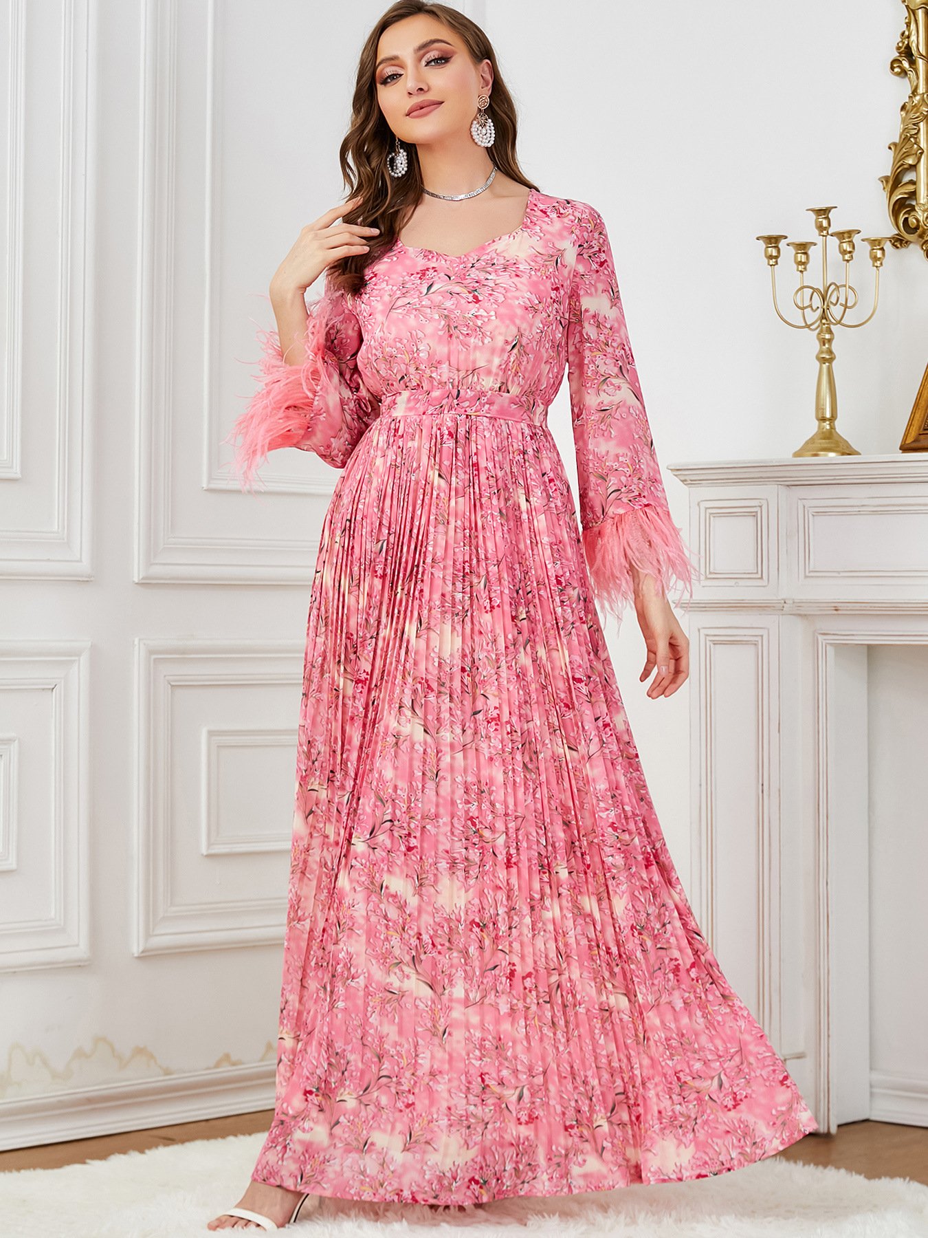 Arabia Abaya Dubai Printed Long Sleeve Abaya Robe Women Casual Dress Loose Kaftan Evening Dress for Muslim Women