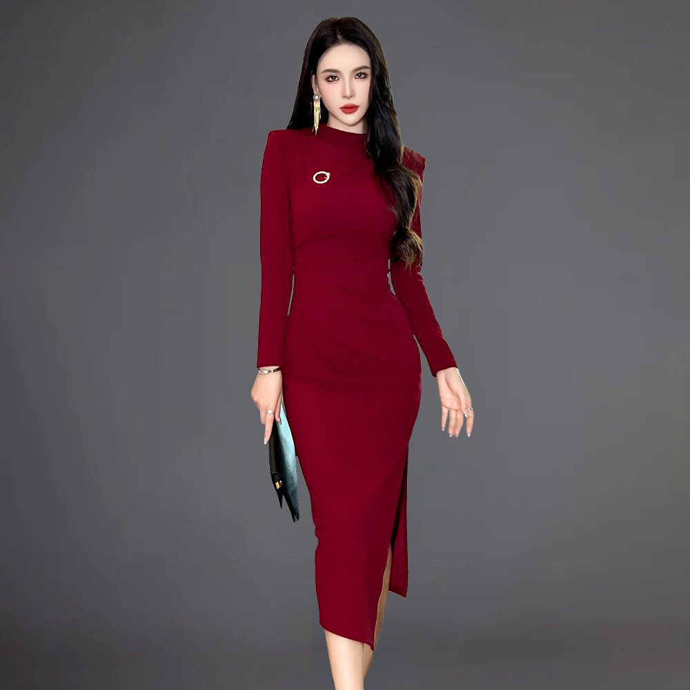 ZYHT 30577 Chic Lake Blue Office Lady Skinny Ruffle Midi Dress Elegant Party Long Sleeves Hip Wrap Split Dress