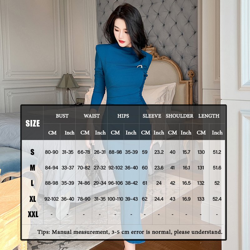 ZYHT 30577 Chic Lake Blue Office Lady Skinny Ruffle Midi Dress Elegant Party Long Sleeves Hip Wrap Split Dress