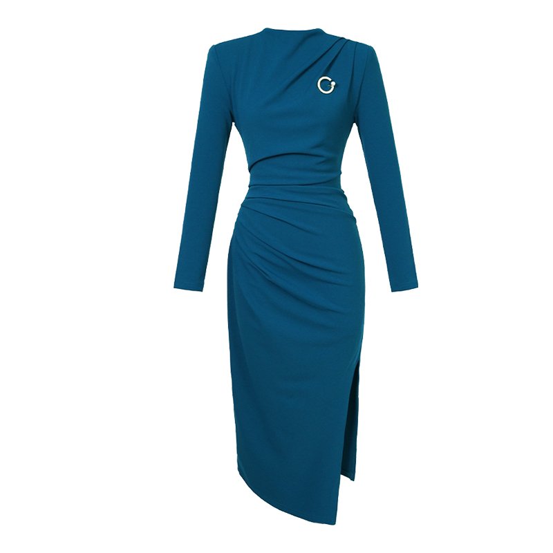 ZYHT 30577 Chic Lake Blue Office Lady Skinny Ruffle Midi Dress Elegant Party Long Sleeves Hip Wrap Split Dress