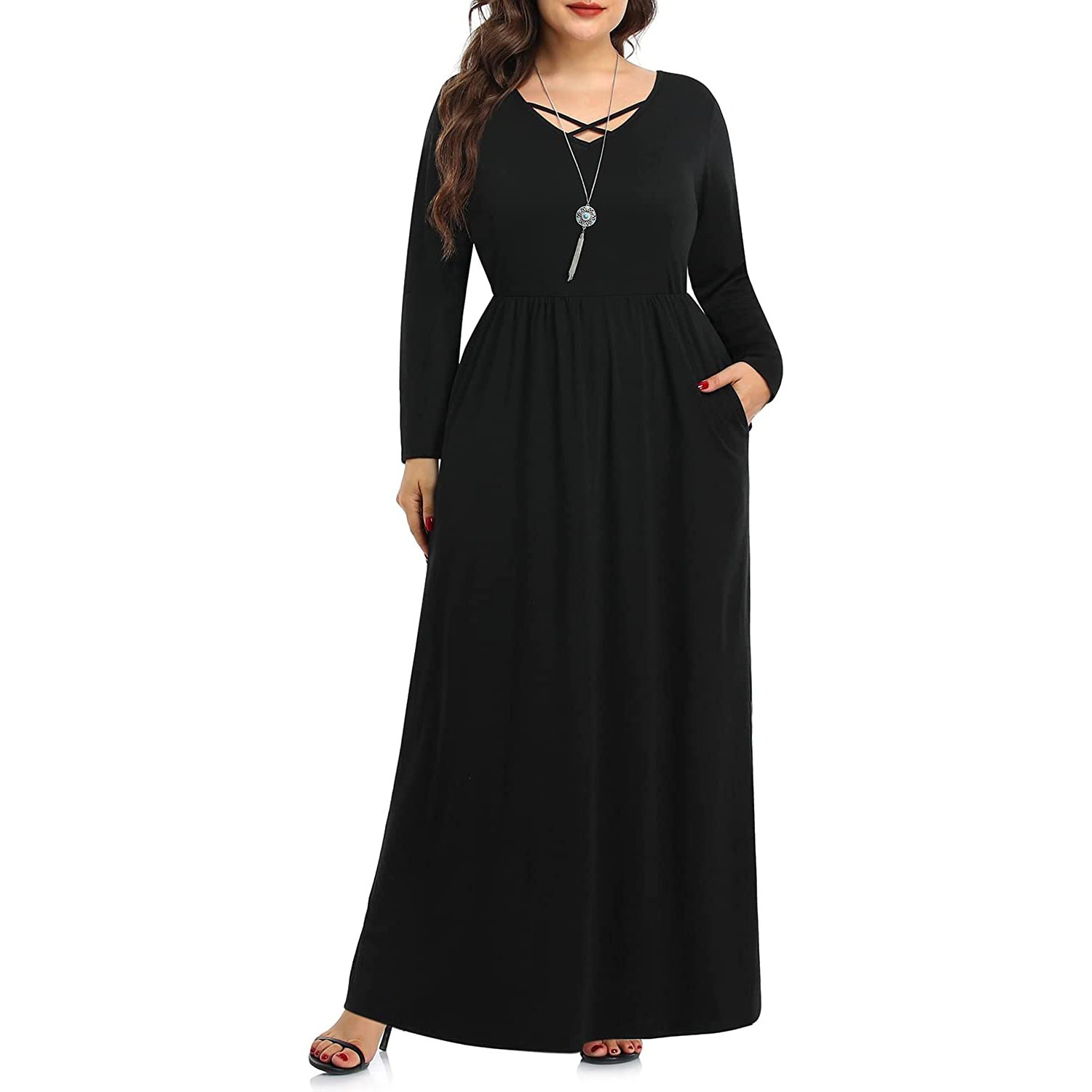 Custom Plus Size 5X Women's Clothing Classic Plain Loose Long Sleeves Autumn Lady Maxi Party Elegant Casual Dresses With Pockets