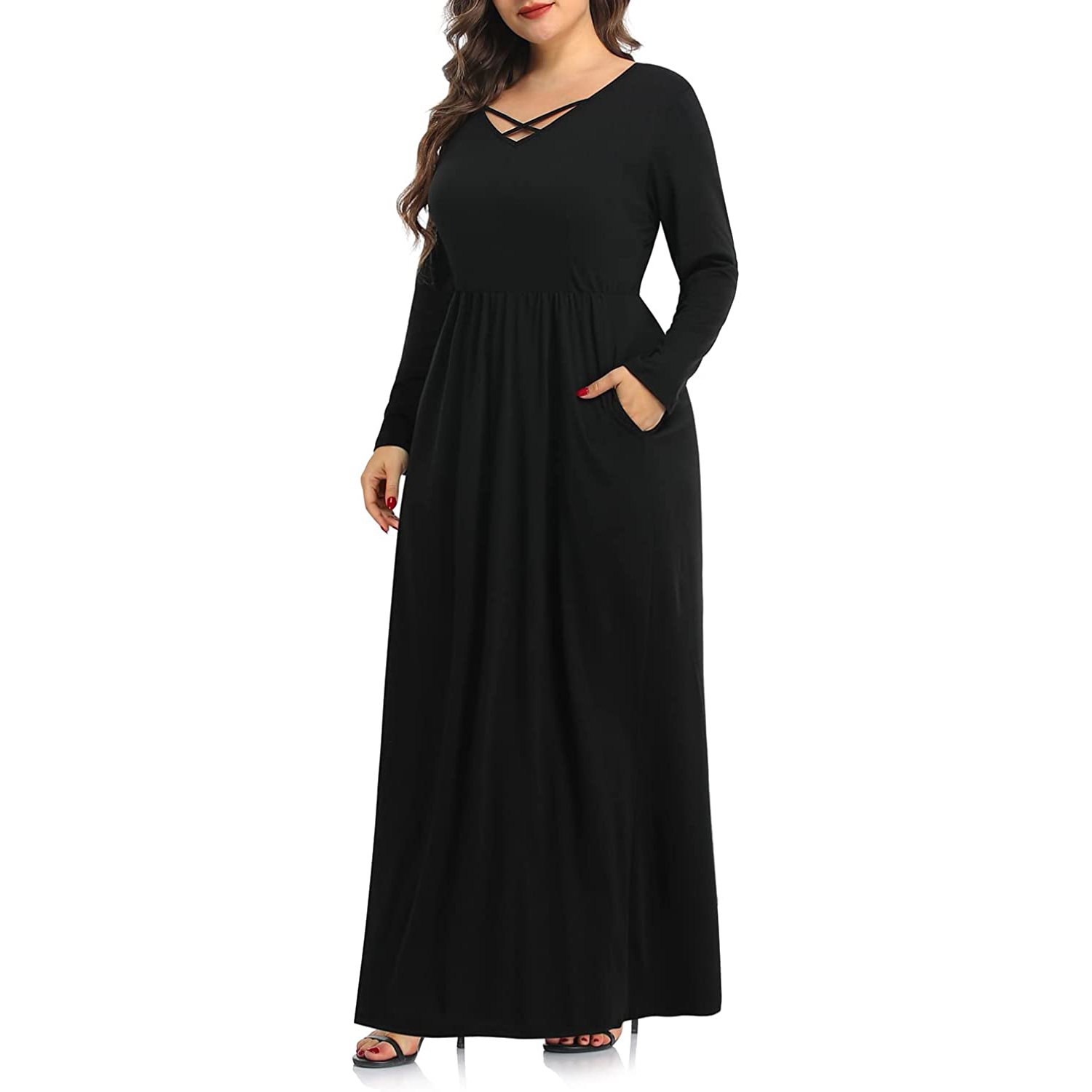 Custom Plus Size 5X Women's Clothing Classic Plain Loose Long Sleeves Autumn Lady Maxi Party Elegant Casual Dresses With Pockets