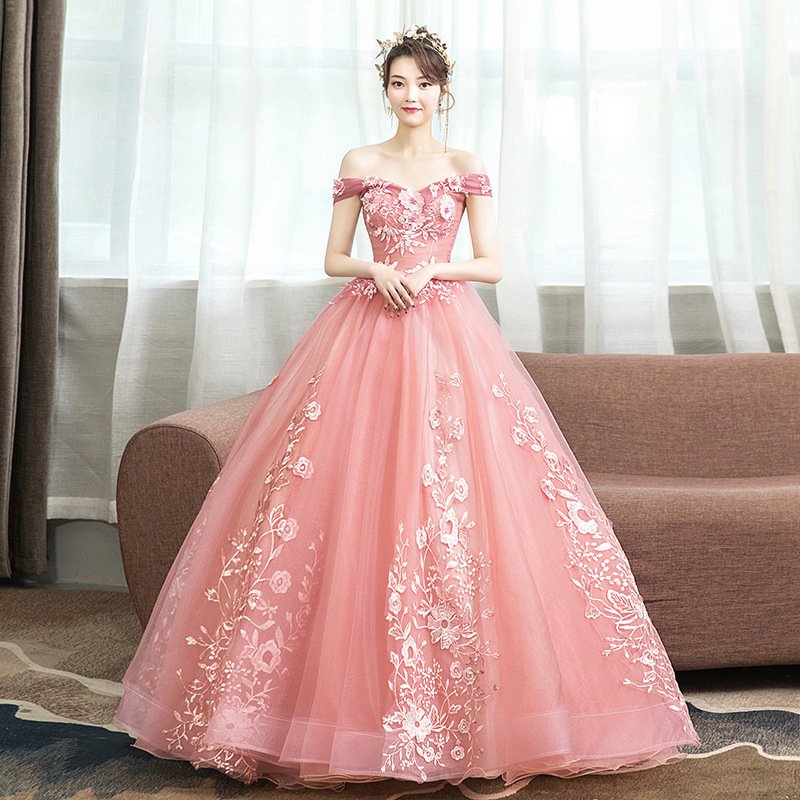 Vestidos Para Fiestas Elegant Pink Lace Embroidery Off Shoulder Party Prom Ball Gown Evening Quinceanera Dresses For Women