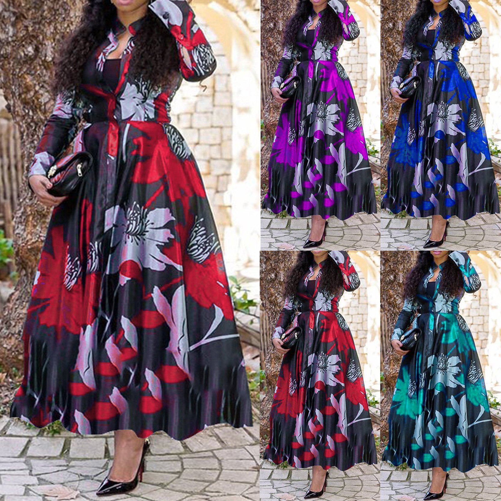 Plus size long dress women lady elegant casual Floral print dresses long sleeve A Line Evening Party Dresses Vestidos
