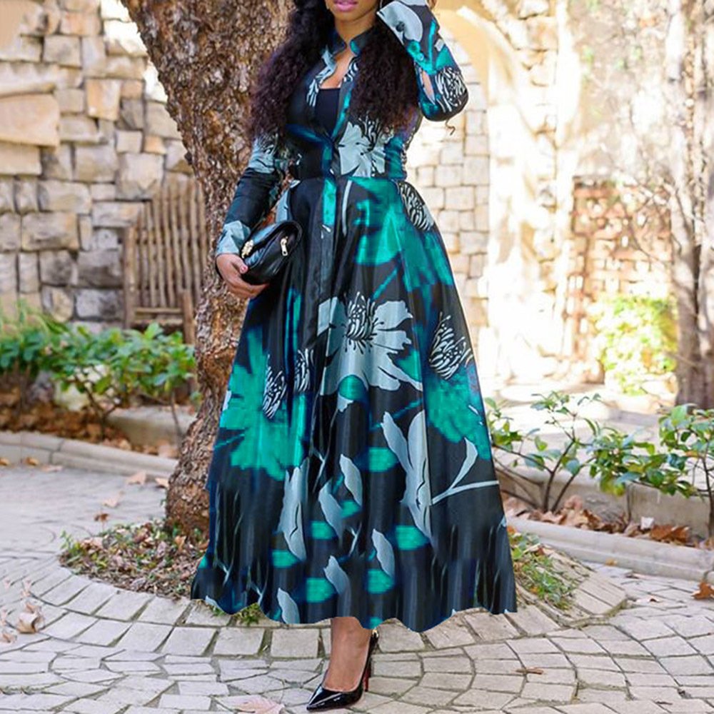 Plus size long dress women lady elegant casual Floral print dresses long sleeve A Line Evening Party Dresses Vestidos