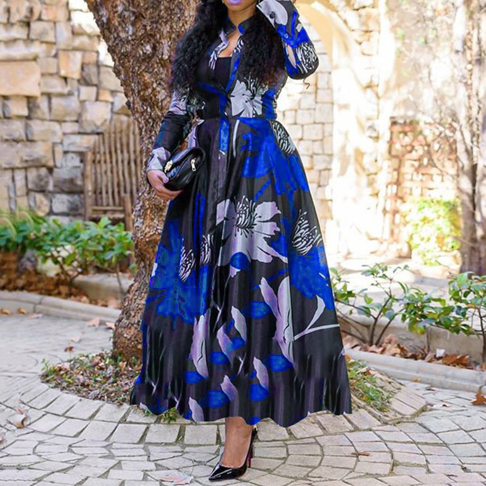 Plus size long dress women lady elegant casual Floral print dresses long sleeve A Line Evening Party Dresses Vestidos