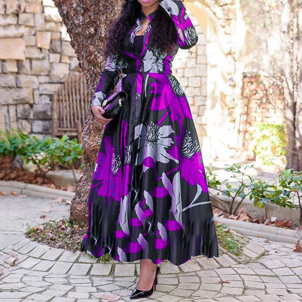 Plus size long dress women lady elegant casual Floral print dresses long sleeve A Line Evening Party Dresses Vestidos