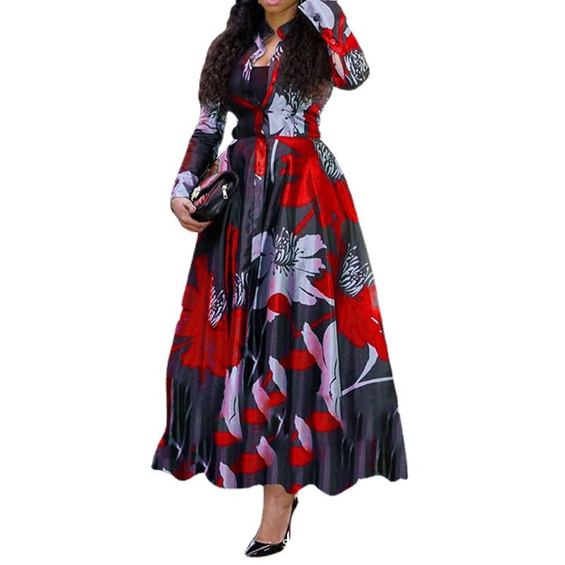 Plus size long dress women lady elegant casual Floral print dresses long sleeve A Line Evening Party Dresses Vestidos
