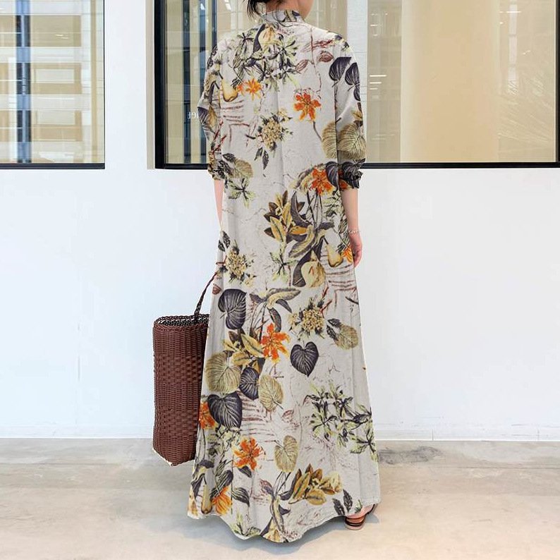 New Fashion Women Cotton Linen Long Shirt Dress Long Sleeve Floral Button Muslim Spring Simple Loose Casual Maxi Long Dress