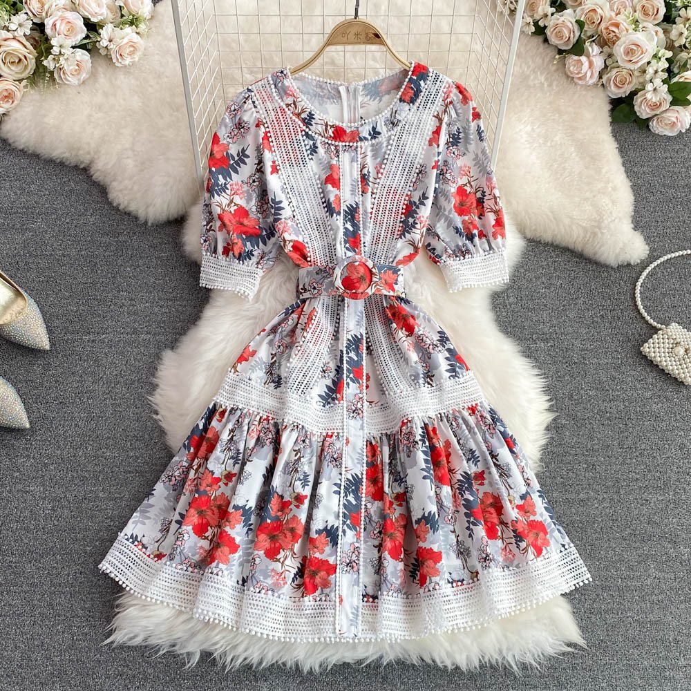 Woman Dresses ANSZKTN ANSZKTN ANSZKTN Royal Style Summer Short Sleeve Floral Print Elegant Casual Dresses