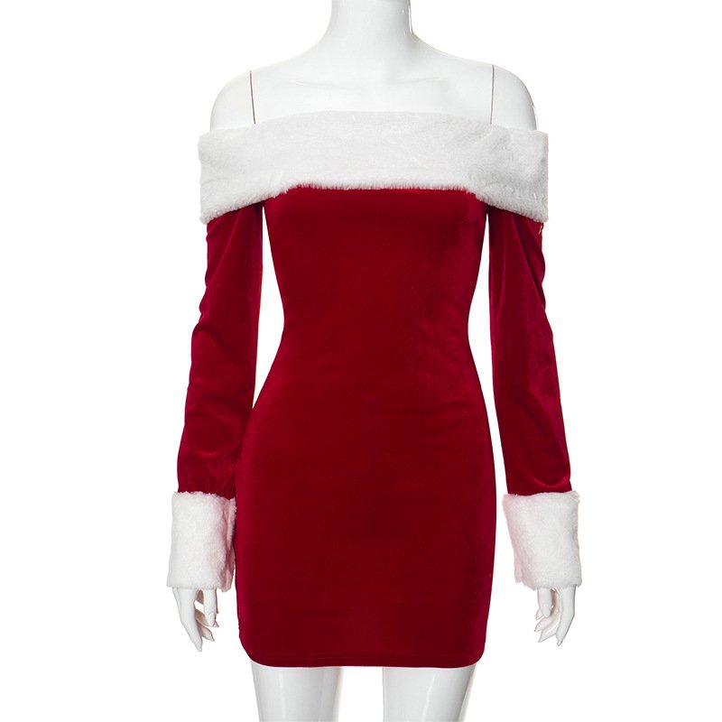 Christmas Cosplay Costume Off Shoulder Dresses Women 2024 Santa Claus Fur Collar Dress For Lady