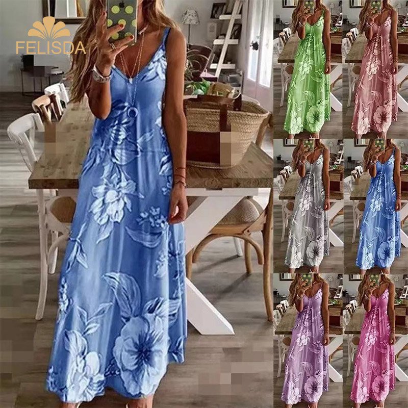 Plus Size Women Maxi Dress Summer Sexy Boho Beach Floral Print Floral Long Dress Sleeveless Loose Elegant Casual Dress Vestido