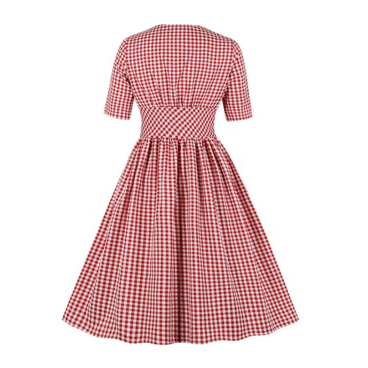 Summer V-neck Plaid Pattern Collect Waist Women Vintage Pink Dresses Single-breasted Mid-sleeve Knee-Length Lady Casual Dresses