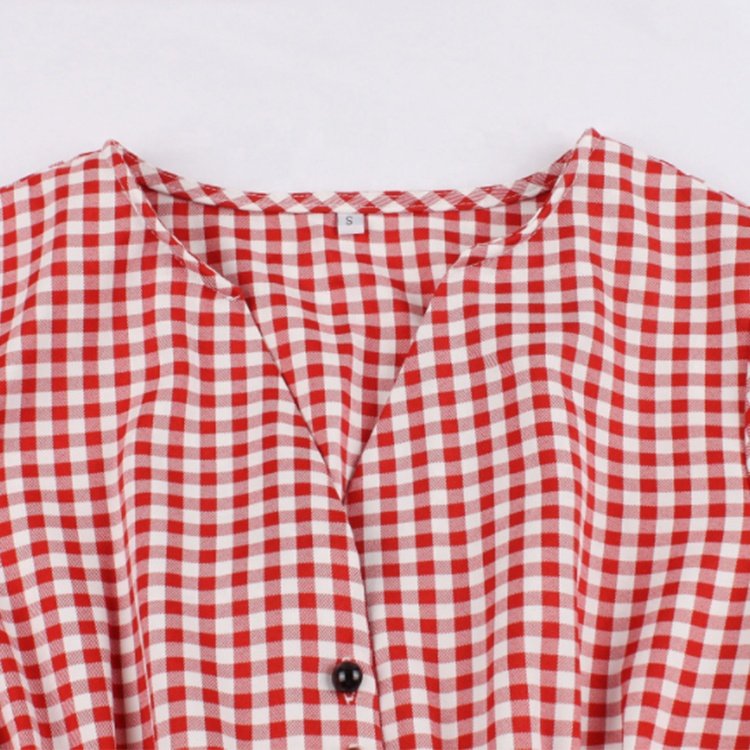 Summer V-neck Plaid Pattern Collect Waist Women Vintage Pink Dresses Single-breasted Mid-sleeve Knee-Length Lady Casual Dresses
