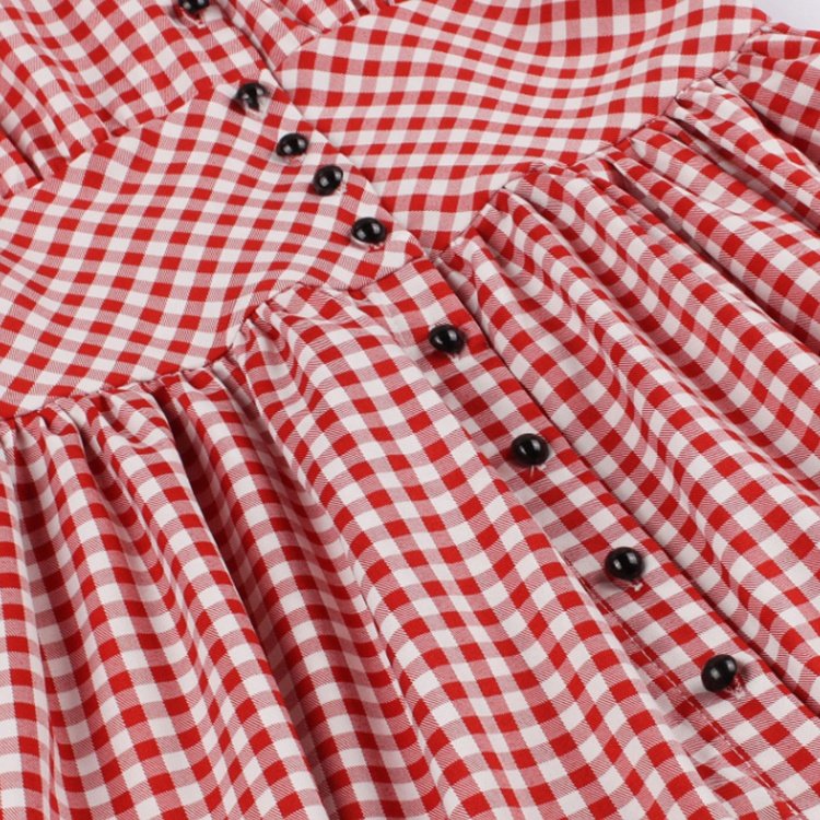 Summer V-neck Plaid Pattern Collect Waist Women Vintage Pink Dresses Single-breasted Mid-sleeve Knee-Length Lady Casual Dresses