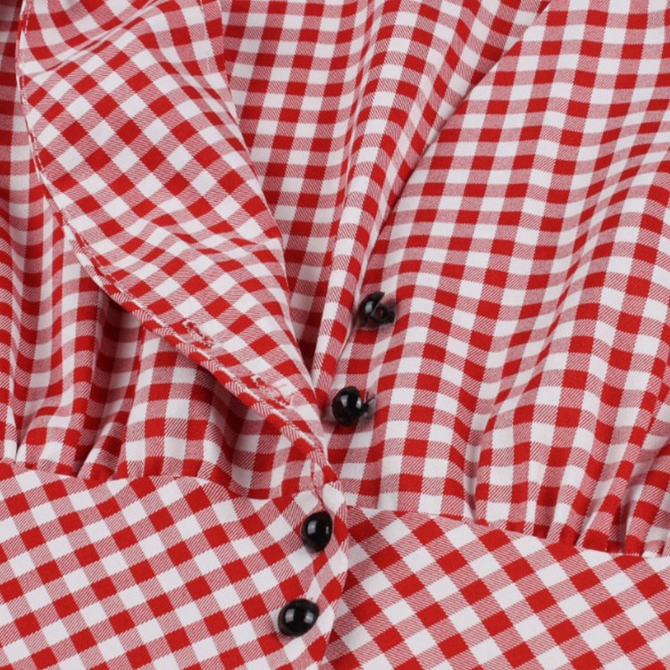 Summer V-neck Plaid Pattern Collect Waist Women Vintage Pink Dresses Single-breasted Mid-sleeve Knee-Length Lady Casual Dresses
