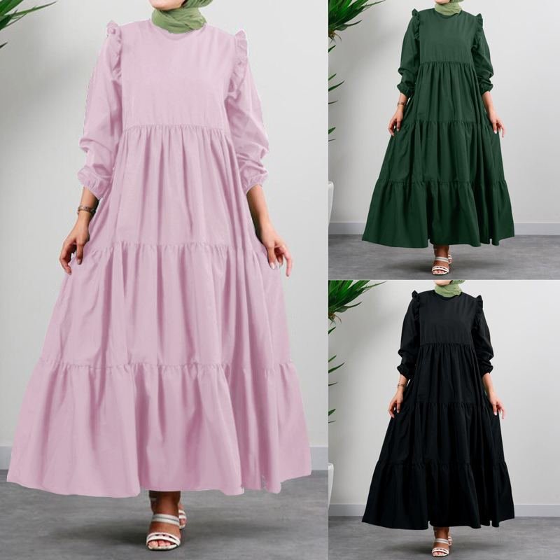 2022 AliExpress spring autumn retro round neck long sleeve women's casual dress long skirt robe