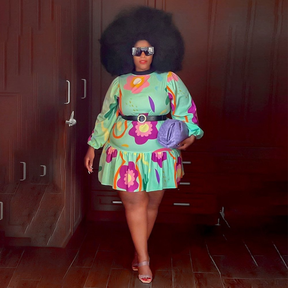 Hot sale elegant floral print plus size women's dresses new design plus size women's casual dresses