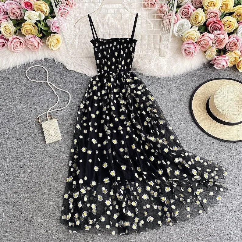 Custom Summer Floral Daisy Tulle Spaghetti Strap Stylish Boho Beach Party Casual Dresses Plus Size Women's Dresses