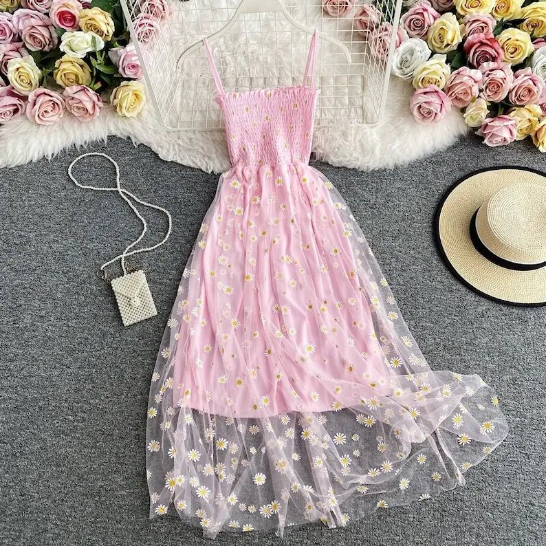 Custom Summer Floral Daisy Tulle Spaghetti Strap Stylish Boho Beach Party Casual Dresses Plus Size Women's Dresses