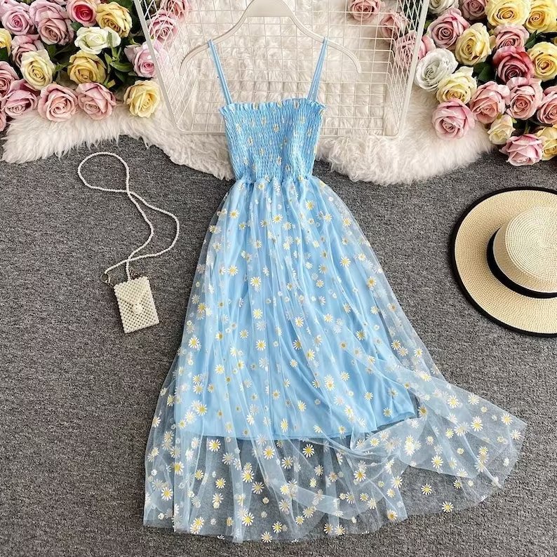 Custom Summer Floral Daisy Tulle Spaghetti Strap Stylish Boho Beach Party Casual Dresses Plus Size Women's Dresses