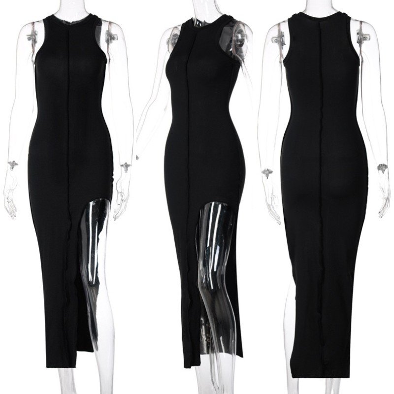 Women Casual Dresses Summer Bodycon Soild Sleeveless Split Long Dress Lady Elegant Sundress 2021 Female Clothing B1430