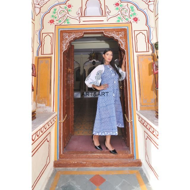 Hand Block Printed Cotton Dress Casual Party Wear with Korean Sleeved Loose Fit Mini Size Latest Design XS-Summer Dress