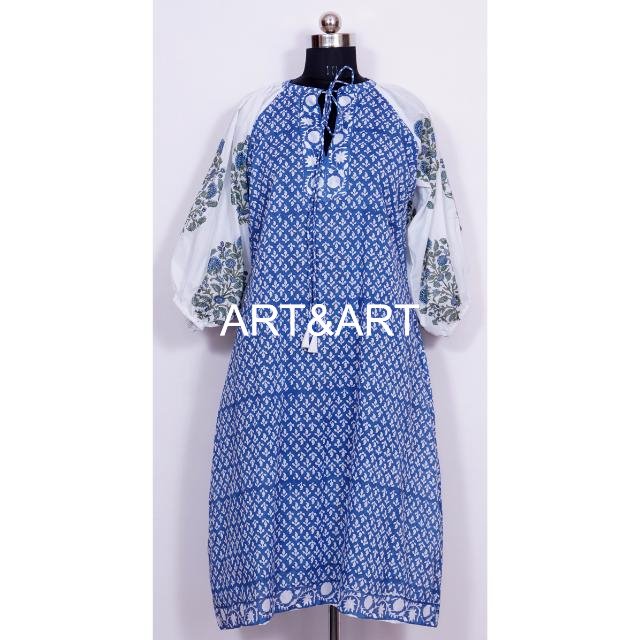 Hand Block Printed Cotton Dress Casual Party Wear with Korean Sleeved Loose Fit Mini Size Latest Design XS-Summer Dress