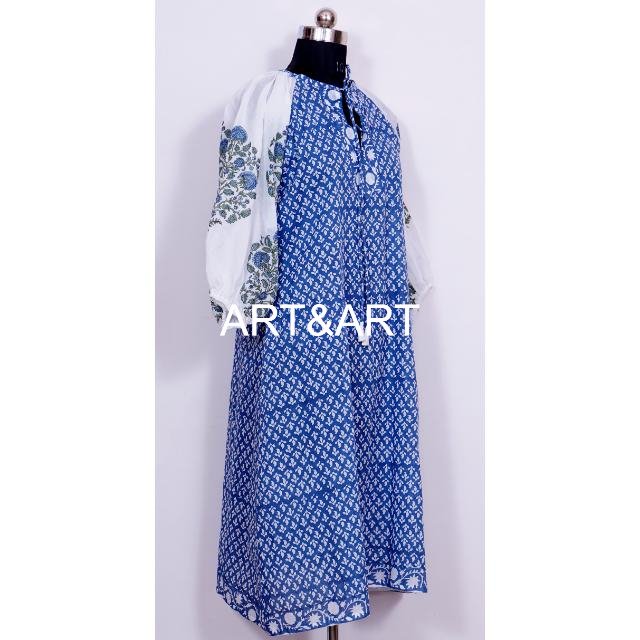 Hand Block Printed Cotton Dress Casual Party Wear with Korean Sleeved Loose Fit Mini Size Latest Design XS-Summer Dress