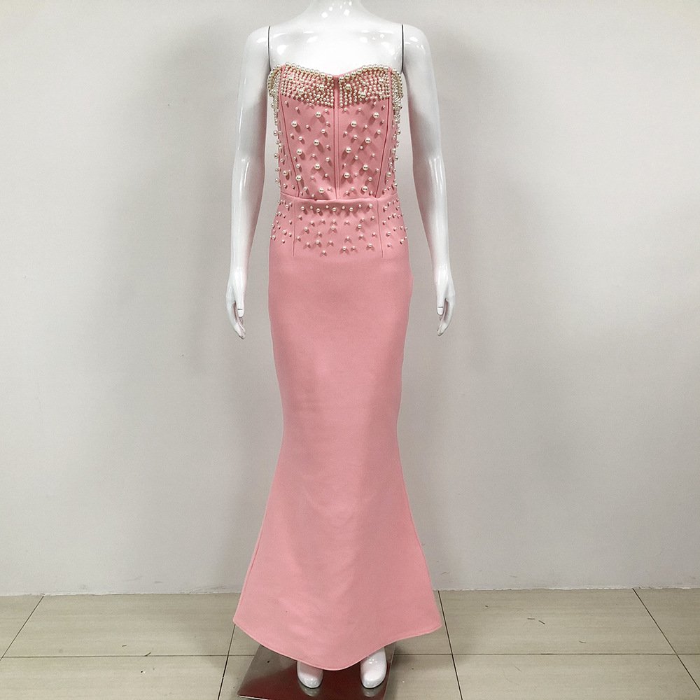 FUDA AB354 High Quality Puff Long Sleeve Female Dress Court Style Embroidered Cutout beaded longTight Fit dress