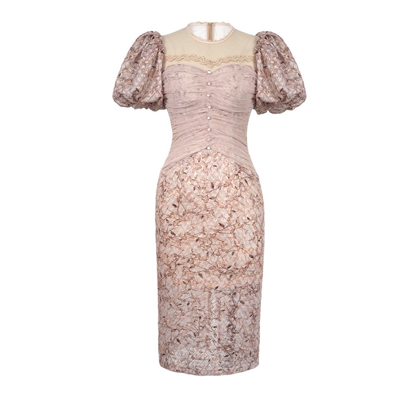 ZYHT 50245 2024 New See Through Mesh Lace Patchwork Gold Thread Floral Print Pleated Dress One-piece Puff Sleeve Lady Dress